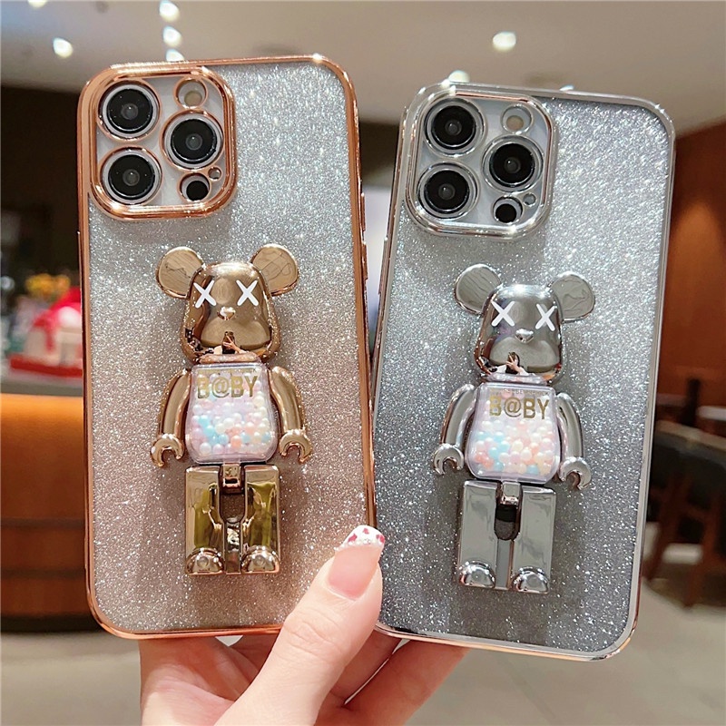 IPHONE Plating Candy Bear Bracket Glitter Powder Casing Ponsel Transparan Kompatibel Dengan Iphone14 13 12 11 Pro Max14 Plus Casing Lembut Anti Jatuh Anti slip