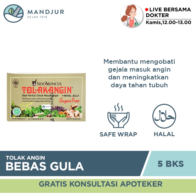	 Tolak Angin Bebas Gula - Dus Isi 5 Sachet	