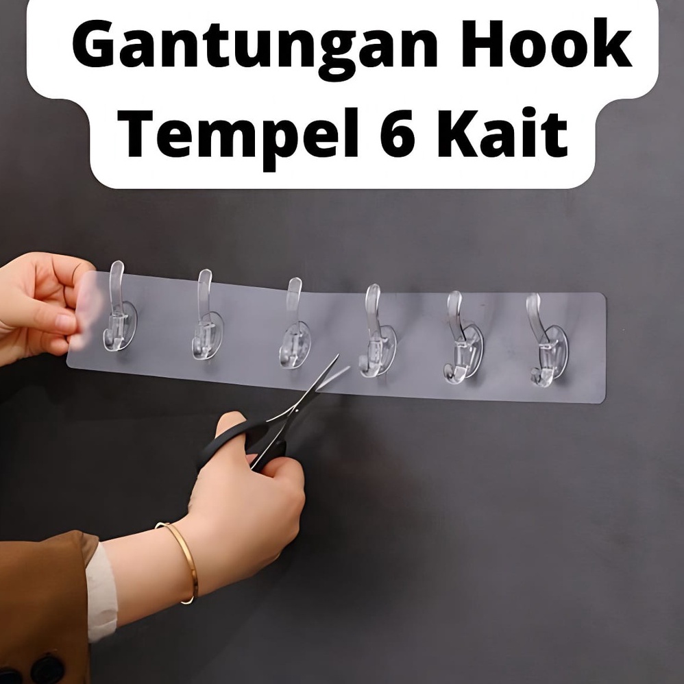 Gantungan tempel 6 kait / gantungan baju transparan / Gantungan Hook Tempel Dinding Serbaguna Kamar Mandi Dapur 6 kait