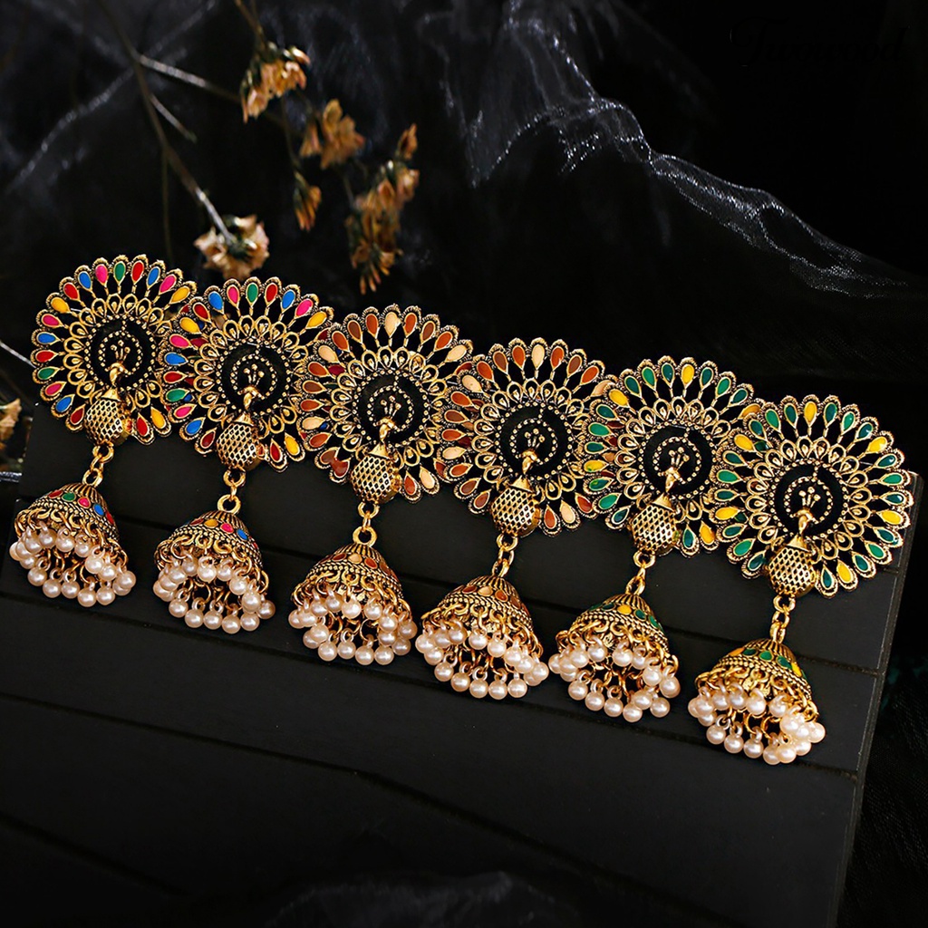 2 Pcs Anting Juntai Liontin Merak Rumbai Mutiara Tiruan Geometris Warna-Warni Gaya Indian Untuk Wanita