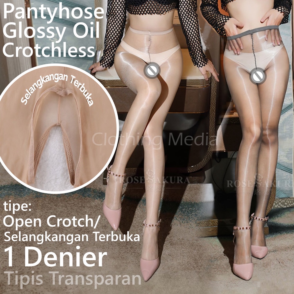 Pantyhose Crotchless 1D Tipis Selangkangan Terbuka Ultra Thin Stocking Glossy Oil