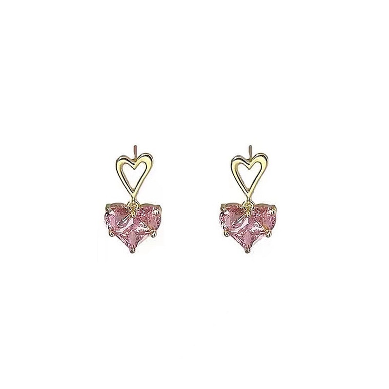 Anting Bentuk Hati Bahan Zirkon Warna Pink Untuk Musim Gugur