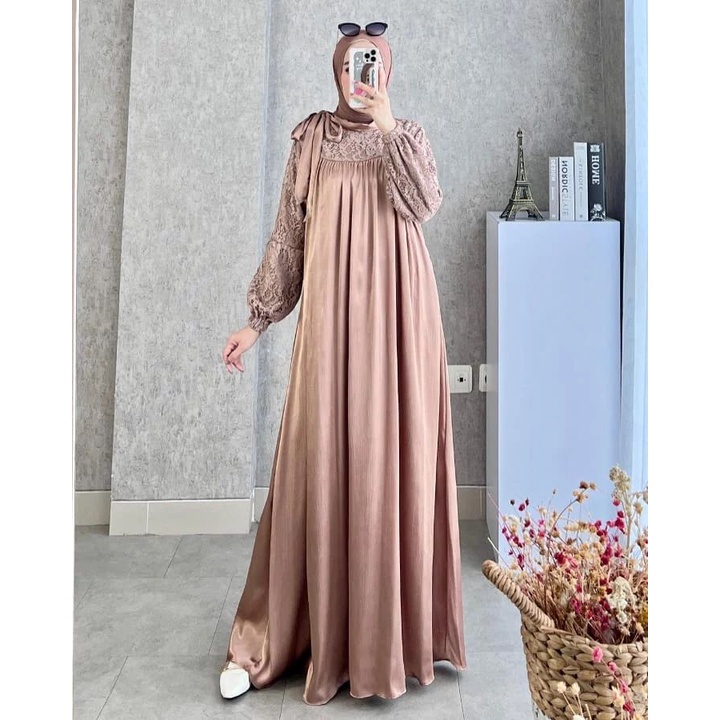 Yumna Dress 002ALB - Gamis Pesta Terbaru Bahan Maxmara Brokat Brukat Lace Longdress Cewek Mengkilat 