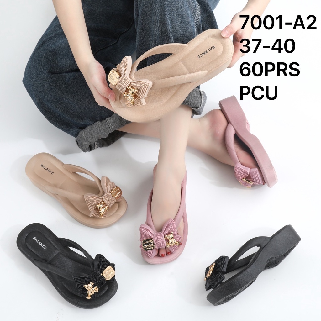 Sandal Jepit Wedges Wanita Motif Pita Gold Bear Tinggi 4 Cm PCU Non-Slip Import Balance 7001-A1