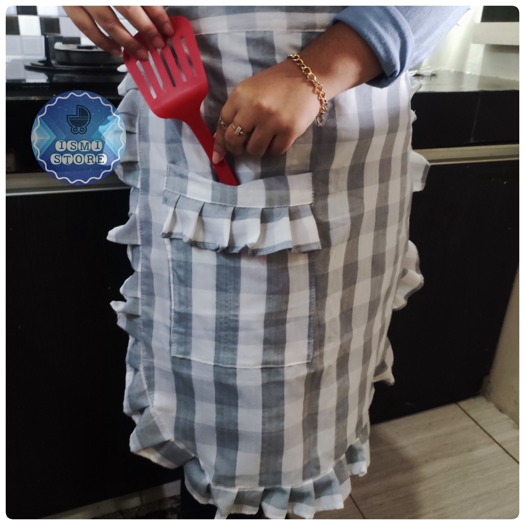 APRON SETENGAH BADAN / CELEMEK ROK Masak Ruffle Saku Pinggir Motif Kotak Gingham Estetik Unik Gaya Korea (A2)