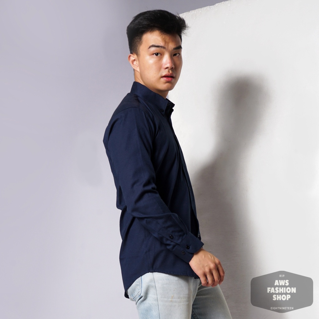 819 Kemeja Pria Lengan Panjang Polos Biru Navy Blue Oxford Basic SIMPLE Slimfit Casual Tersedia Ready Sampai Size JUMBO BIG SIZE XXL XXXL