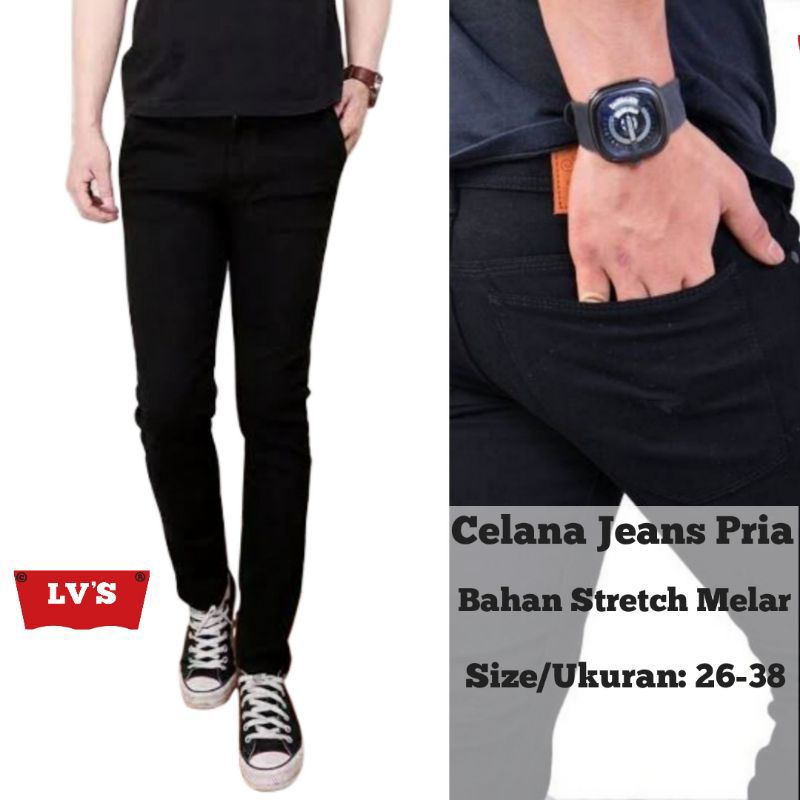 Celana panjang jeans Levis pria pensil hitam pekat slimfit jeans skinny