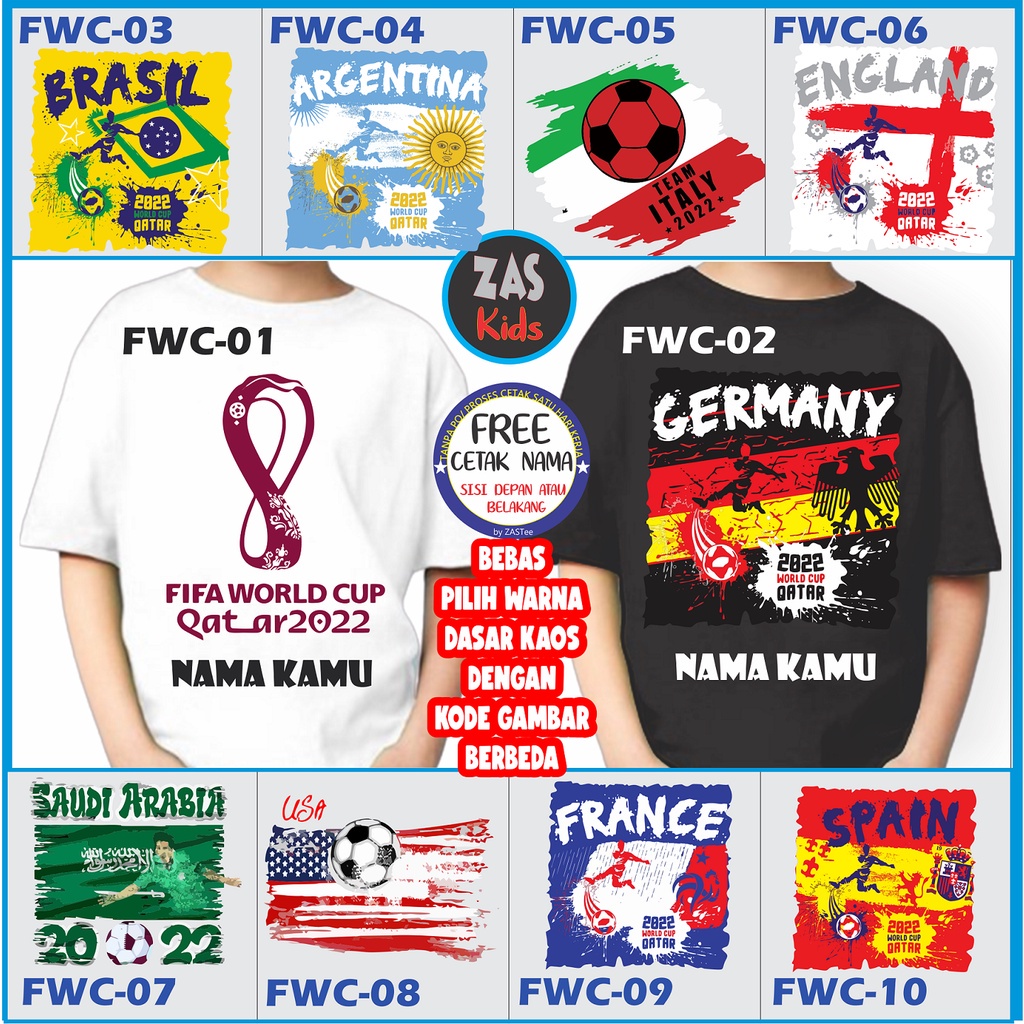 Kaos Anak PIALA DUNIA 2022 Banyak Motif Free Cetak Nama/Tulisan Banyak Karakter GLO 220