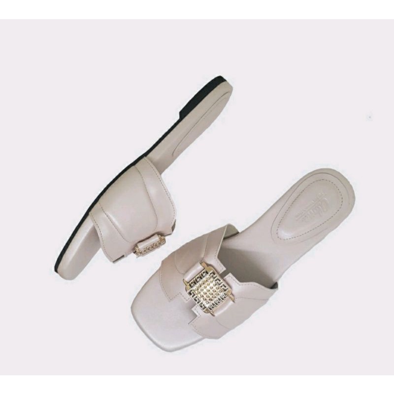 Sandal Teplek kulit Wanita Oversize 40-45 Sendal Kaki Gemuk Jumbo MK-143 Sandal Big Size IMPOR Bule Mutiara, 42