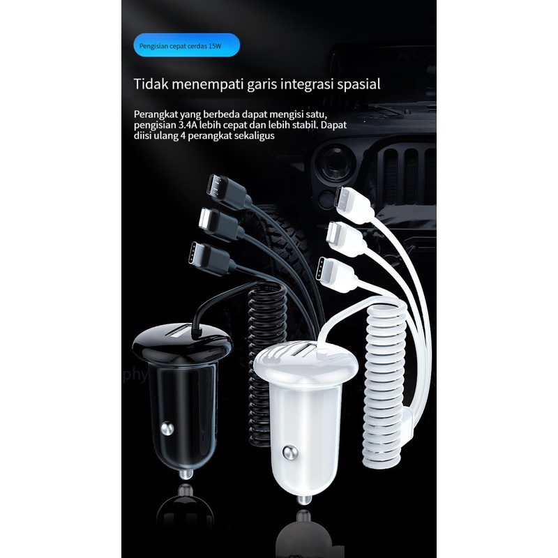 (ada stok, dikirim dari jakarta) Kabel pengisi daya mobil 3 In 1 15W, Mikro USB type C kilat cocok untuk Iphone Huawei Xiaomi Samsung