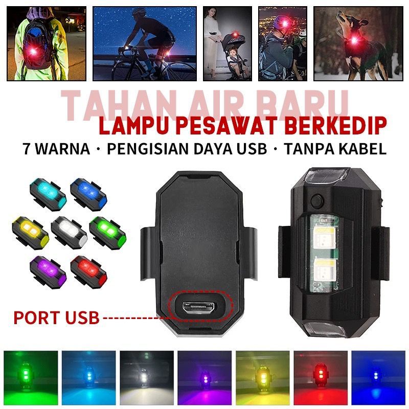 Lampu Kedip LED 7 Warna Universal Anti TabraKan Untuk Motor/sepeda/drone/pesawat Multi Mode Dengan Port Charger USB Lampu LED Kedip  Aircraft Anti Air Lampu LED Model Pesawat