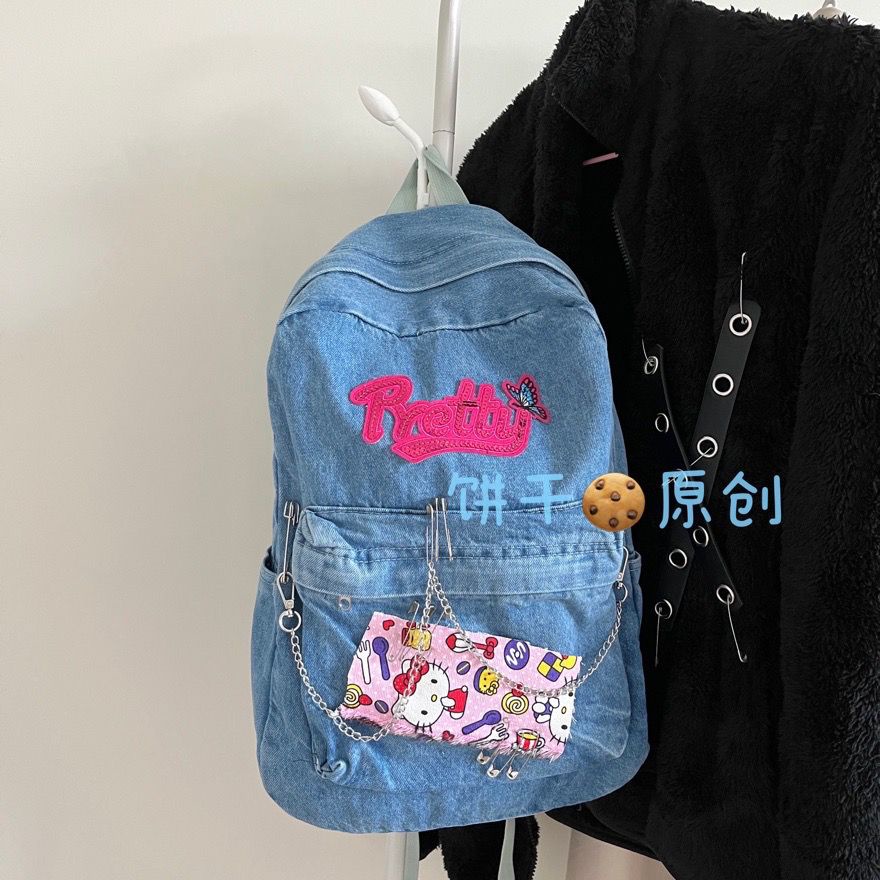 Sera Asli Y2K Cute Hello Kitty Kapasitas Besar Jahitan Denim Bumi Keren In Hot Gadis Single Bahu Ransel Wild High Street