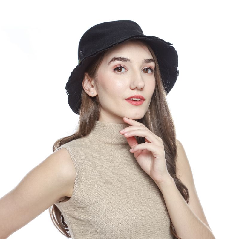 Topi Bucket Hat Hitam Pria/Wanita - Bucket Hat RIPPED High Quality - Bucket Distro Original