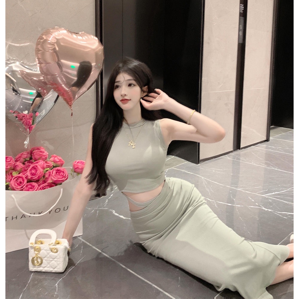 Suhao Pure Desire High Neck Sleeveless Dress Hati-hati Mesin Vest Top Design Sense High Waist Slit Setelan Rok Wanita