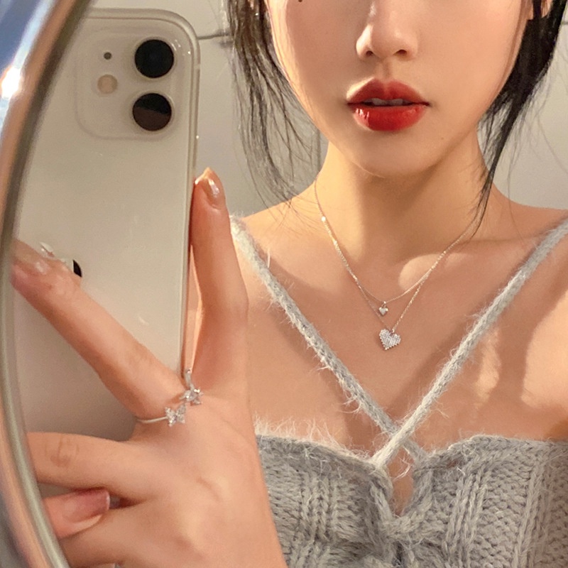 Roselife Kalung Rantai Silver Rumbai Liontin Hati Hias Kristal Zircon Gaya Korea Untuk Wanita