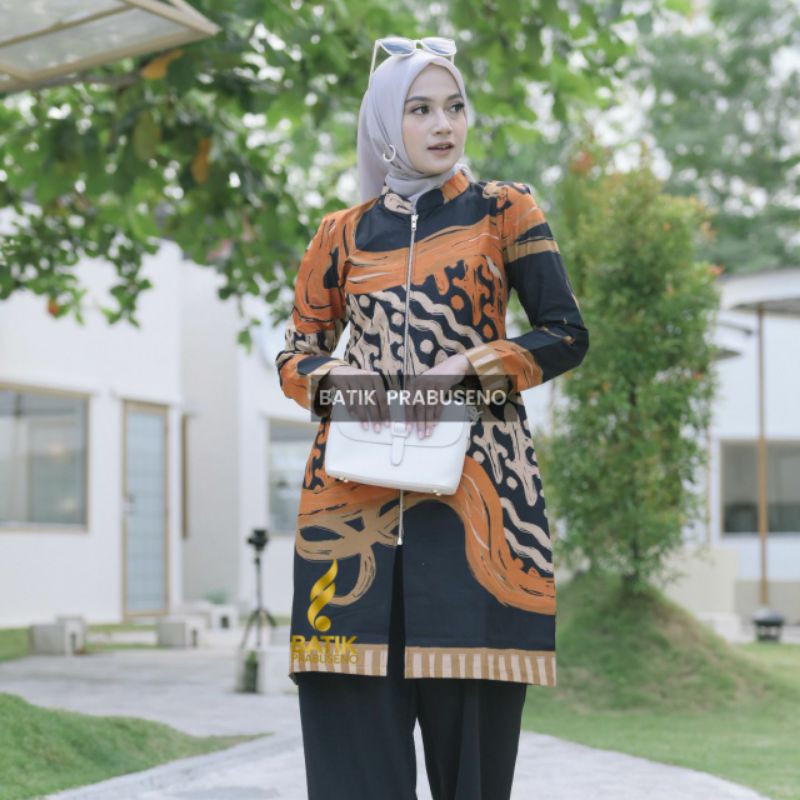 Nesa Hitam Atasan Tunik Batik Wanita Prabuseno Baju Kerja Kantor Cewek Pakaian Kantoran Cewe Formal Modern Premium Ekslusive Seragam Guru Pegawai Bank PNS BUMN Swasta Terbaru 2022 Solo COD XL