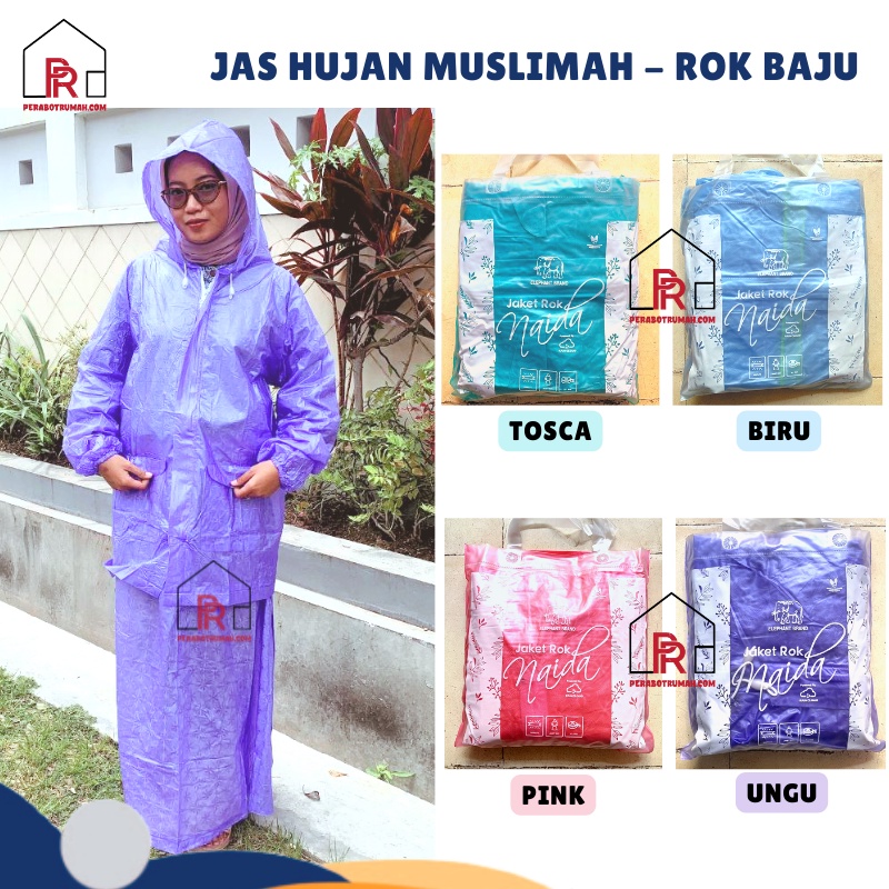 Jas Hujan Rok Baju Wanita / Mantel Ujan Muslimah Dewasa Setelan Atas Bawah