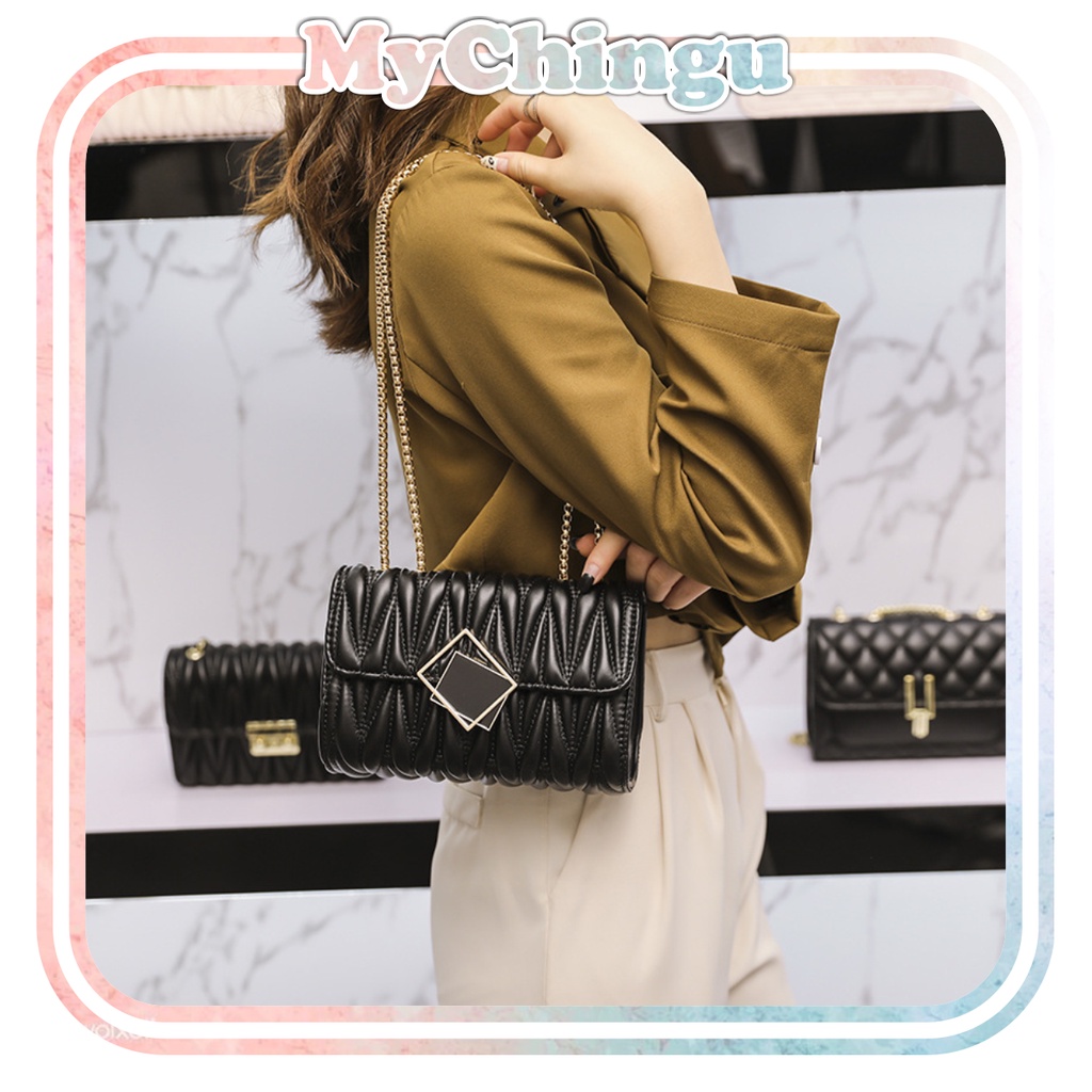 ❀ Chingu ❀ TW018 Tas Selempang Wanita Polos Kotak SimpleBlack Hitam Mini Tas Bahu Import Murah Tas Import