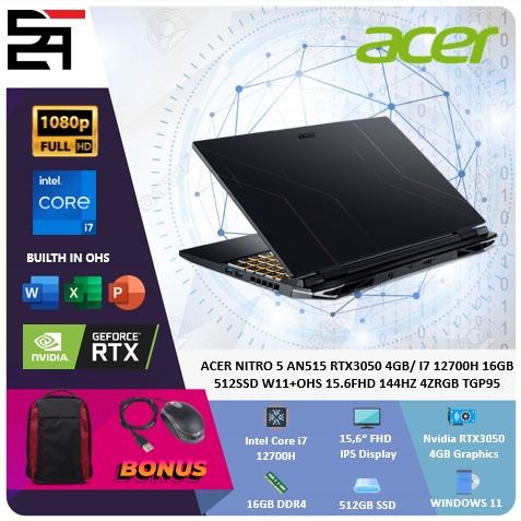 Acer Nitro 5 AN515 RTX3050-4GB i7 12700H 16GB 512GB SSD W11 OHS 15.6 Inchi FHD 144Hz 4ZRGB