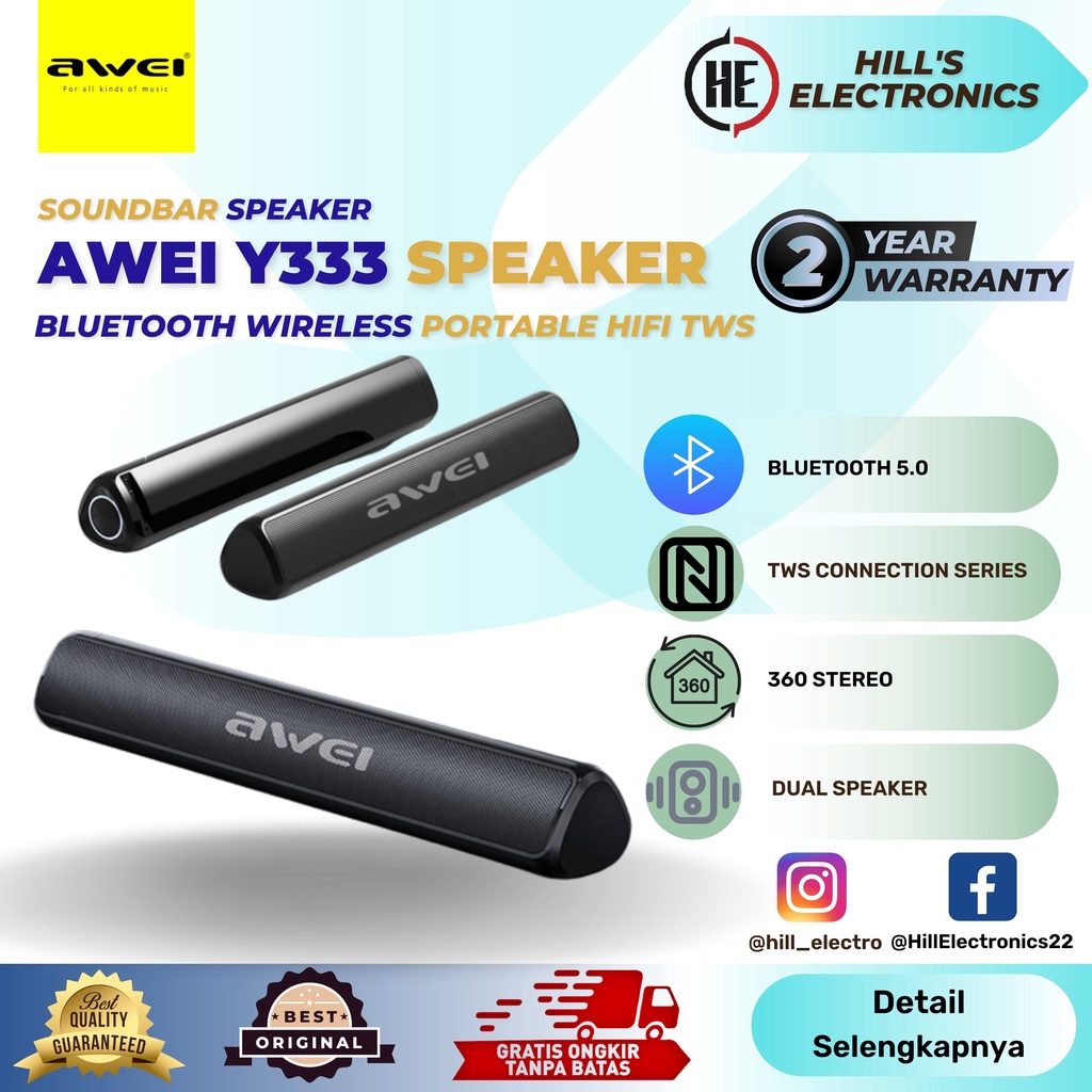 Awei Soundbar Speaker Bluetooth Wireless Portable Hifi TWS Y33-Hitam