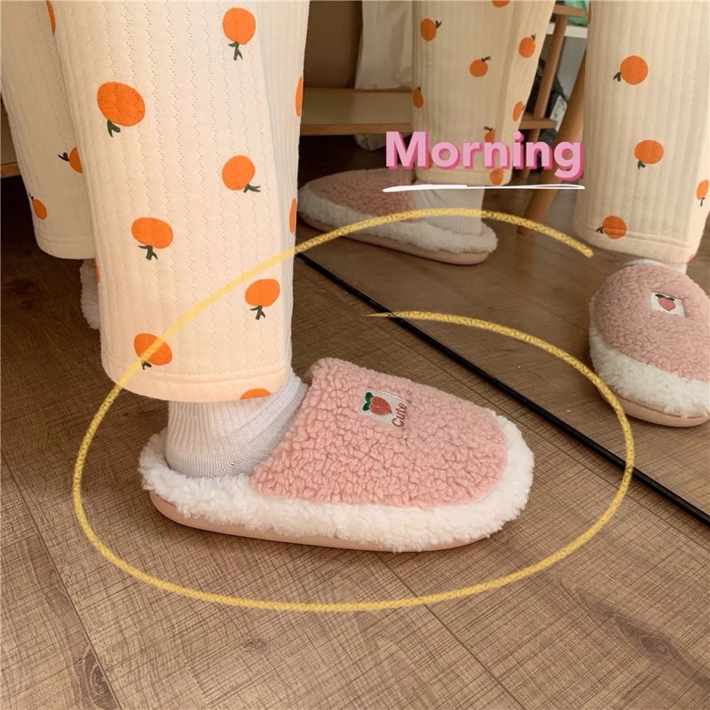 JOLINEOFFICIAL SLIPPER / PREMIUM SENDAL KAMAR BULU / SANDAL RUMAH MOTIF BUAH PEACH / INDOORS SLIPPERS / SANDAL BULU PINK EMPUK NYAMAN HANGAT LEMBUT / MURAH / SANDAL HOTEL