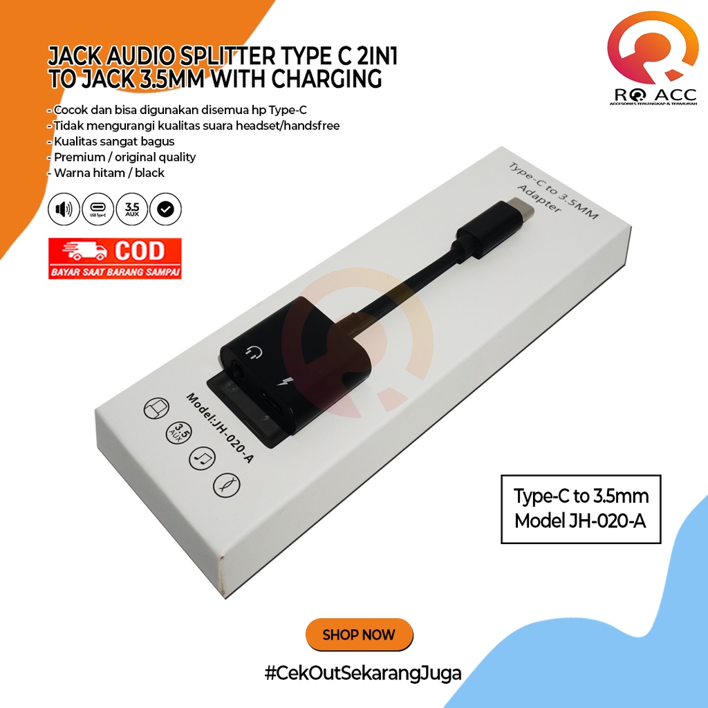 [RO ACC] JH020A JACK AUDIO SPLITTER TYPE C 2IN1 TO JACK 3.5MM WITH CHARGING