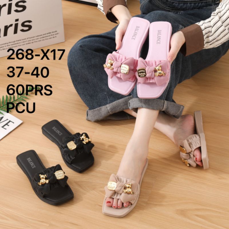 BALANCE Sandal Slop Wanita Import Karet EMpuk Elastis Halus Motif Pita Boneka 268-X9