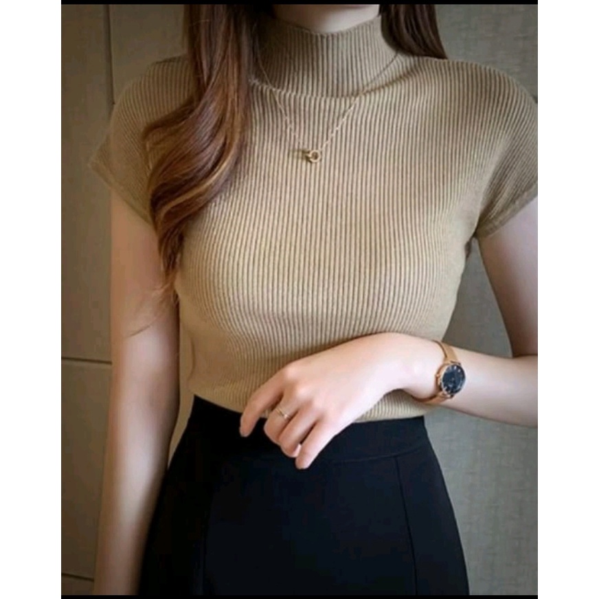 Atasan Rajut Wanita Turtleneck - Kerah Tinggi Lengan Pendek - Kaos Turtleneck Rib Turtleneck Lengan Pendek - Kaos Viral Korea Style