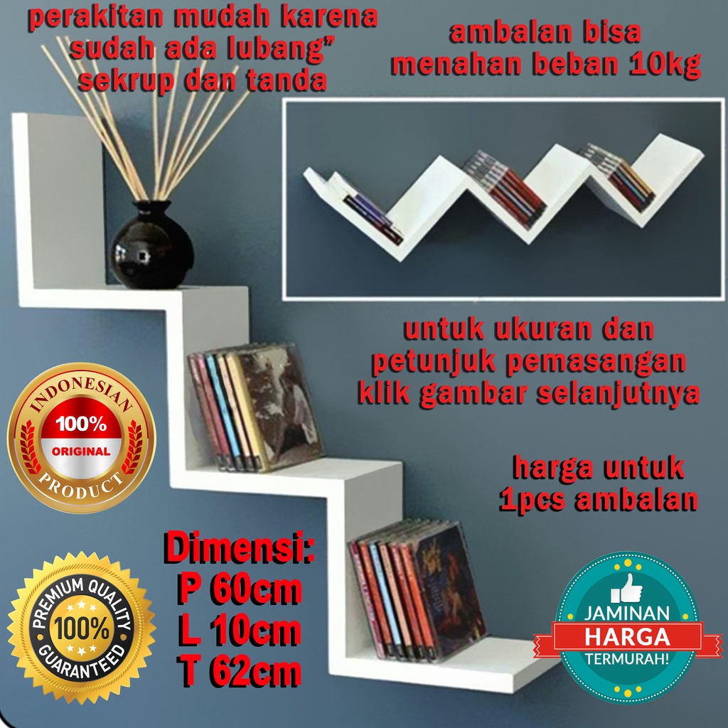 rak ambalan dinding minimalis zig zag - AD07 / hiasan dekorasi dinding / rak buku gantung self float