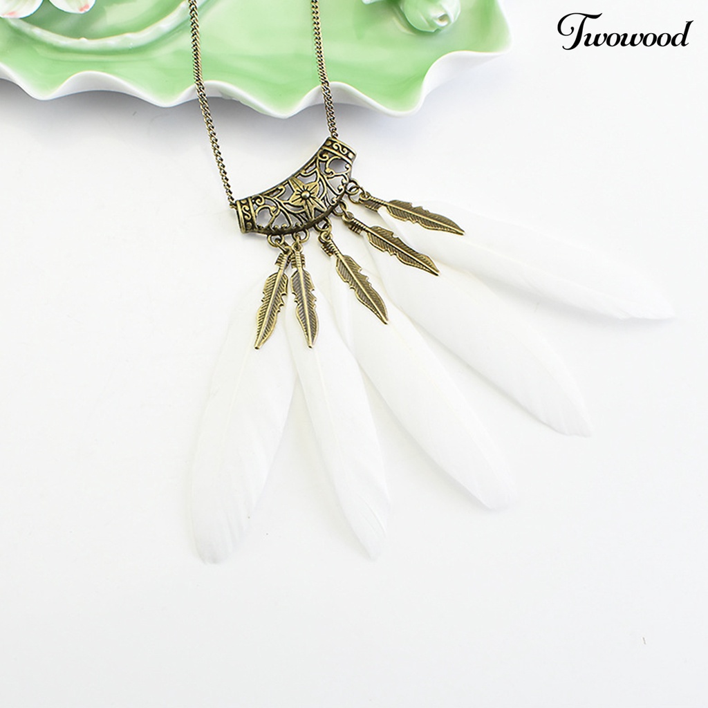 Kalung Rantai Desain Daun Bulu Bahan Alloy Gaya Bohemian Vintage Untuk Wanita