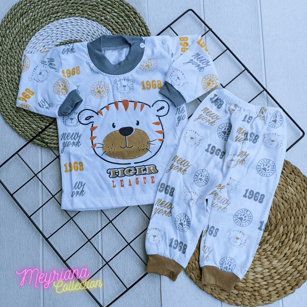 Setelan Piyama Panjang Oblong Baju Tidur Baju Anak Usia 3-12 Bulan Motif TIger Oblong Kancing Bahu