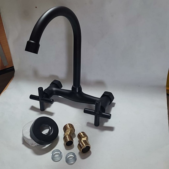[BISA COD] Keran Sink Dinding Angsa Panas Dingin Black/Kran Dapur Hitam Mixer / Perlengkapan Rumah T