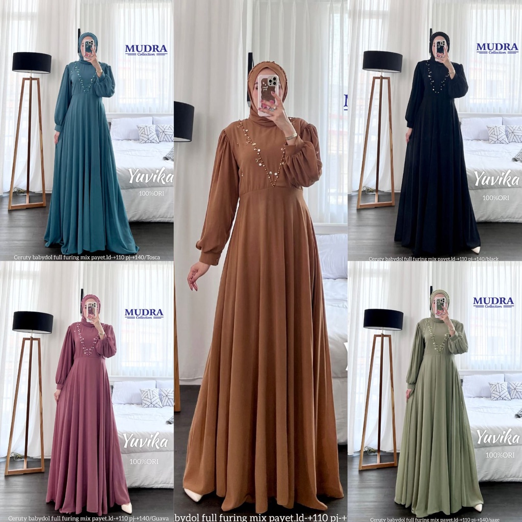 YUVIKA DRESS GAMIS WANITA BAHAN CERUTY FULL FURING MIX PAYET 100% ORIGINAL MUDRA FASHION