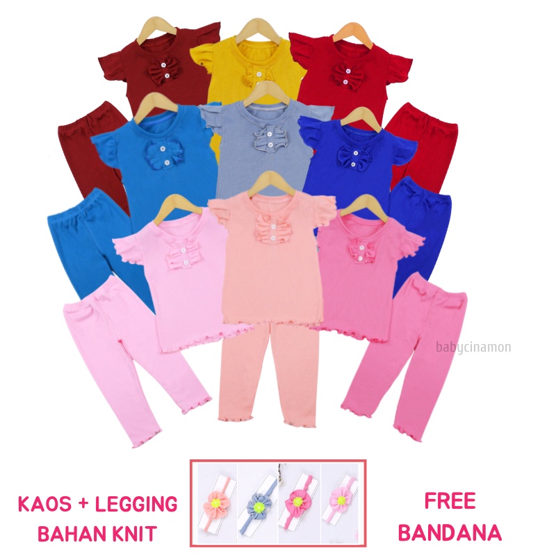 (KNIT) Setelan Cotton Rib uk 3-18 Bulan / GRATIS BANDANA Set Legging Perempuan Baju Anak Cewek Celana Panjang Polos Katun Rib Import Babycinnamon