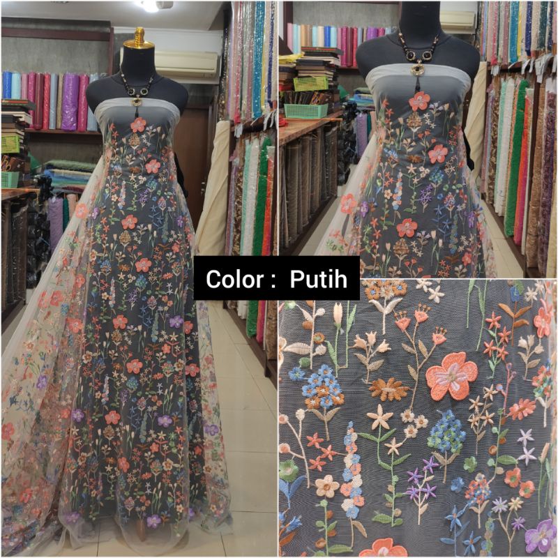 Kain Tile Bordir Brokat Bunga 3D Timbul Multicolor Putih