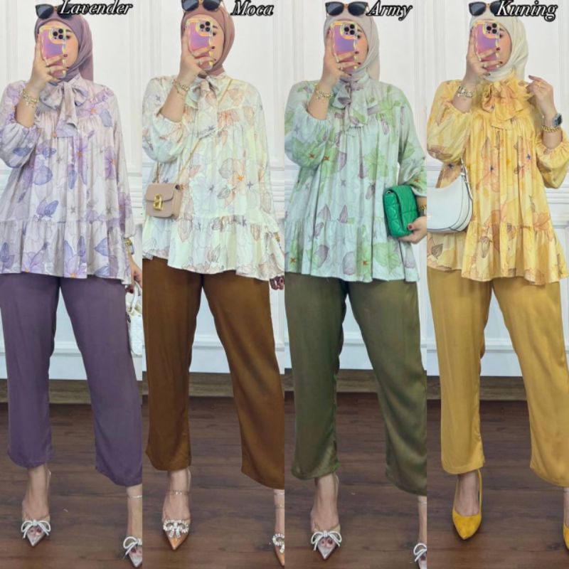 DITTY Set Wanita Celana Panjang Blus Rempel One Set Wanita Motif Bunga