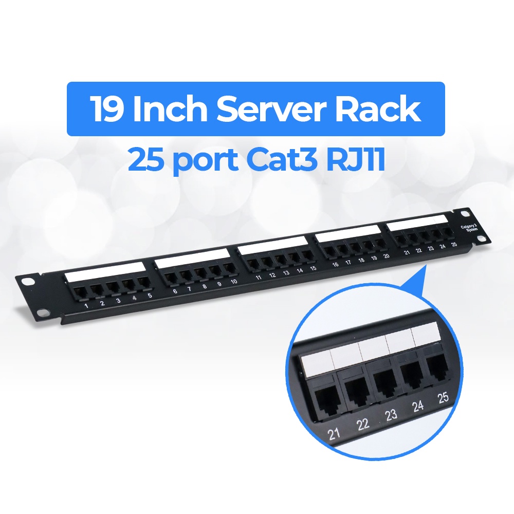 Cat3 RJ11 Telepon Patch Panel 25 Port for 1U 19 Inch Server Rack - Black