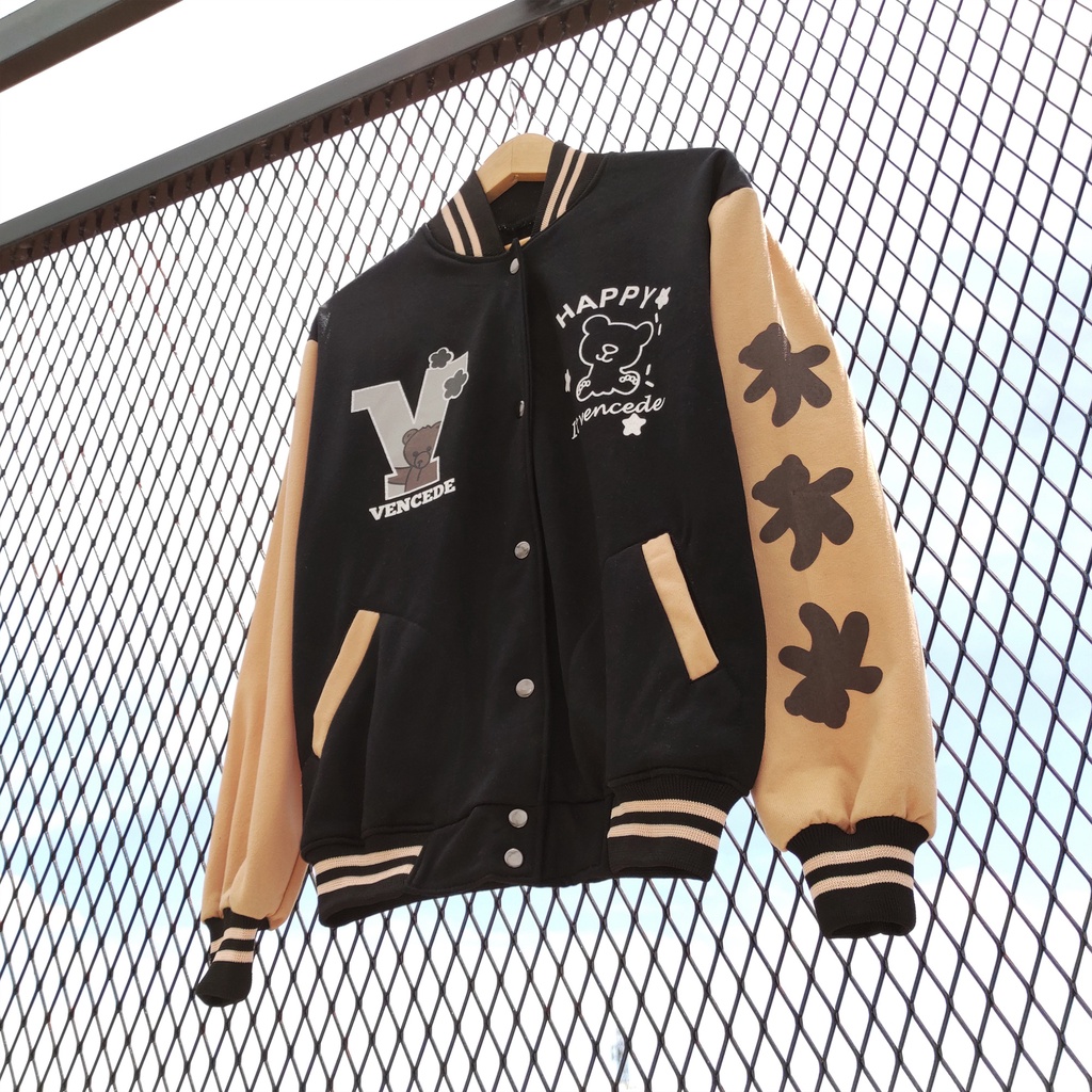 Jacket Baseball Varsity V Bear - Korean Style - Wanita Dan Pria - Bahan Fleece