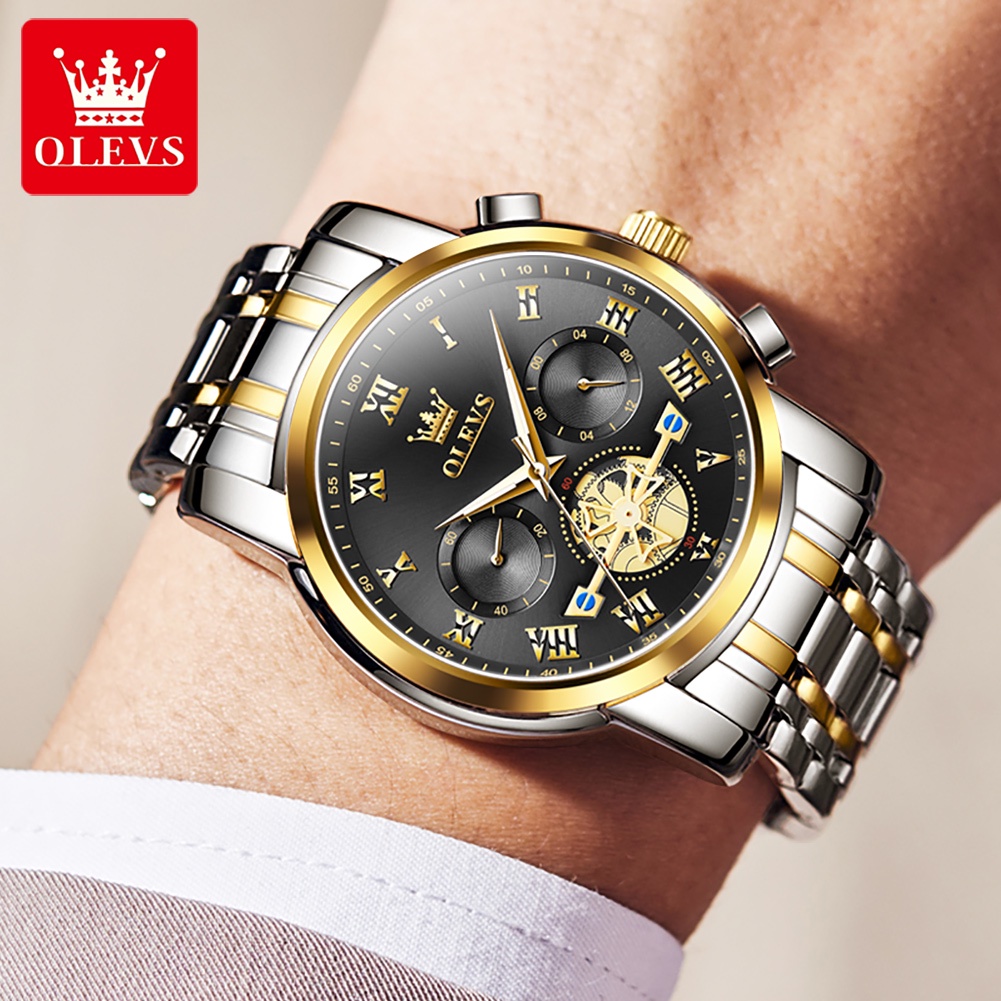 OLEVS Jam Tangan Pria Original Anti Air Tahan Luminous Fashion Analog Chronograph Stainless Steel Watch Men