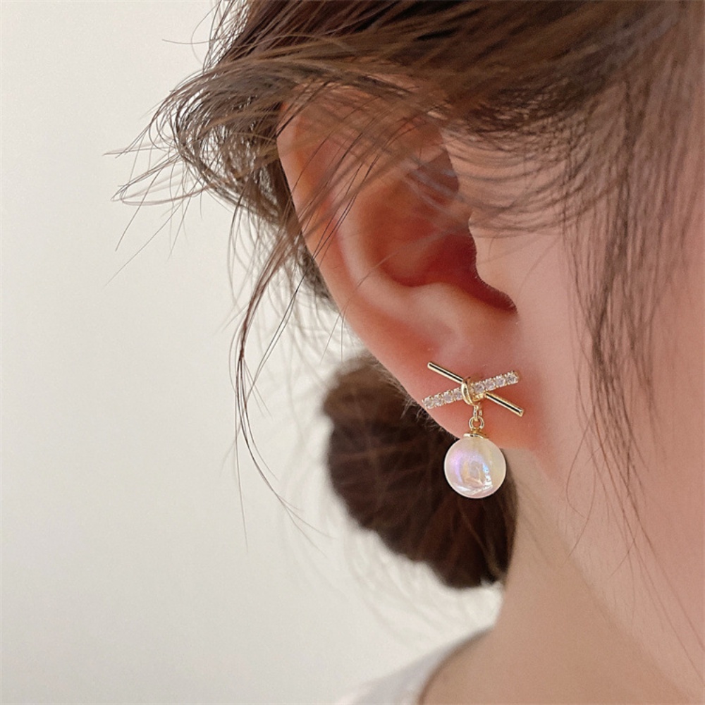 Anting Stud Desain Salib Aksen Mutiara Gaya Korea