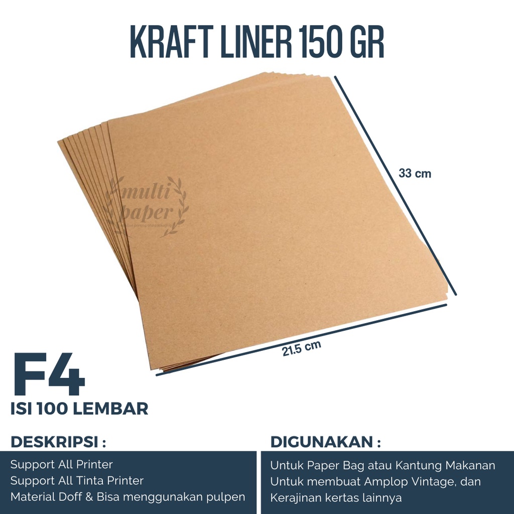 

Dck Kertas Kraft F4 Liner 150 Gsm Isi 100 Lembar / Kertas Kraft Coklat Liner 150 Gsm