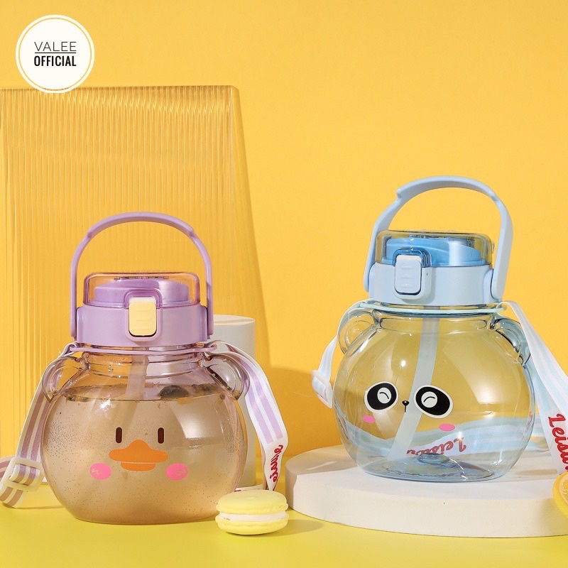 BOTOL PLASTIK KEPALA BERUANG TRANSPARANT LUCU GEMOY 2 CARA MINUM + TALI DAN STIKER 2D 1100 ML