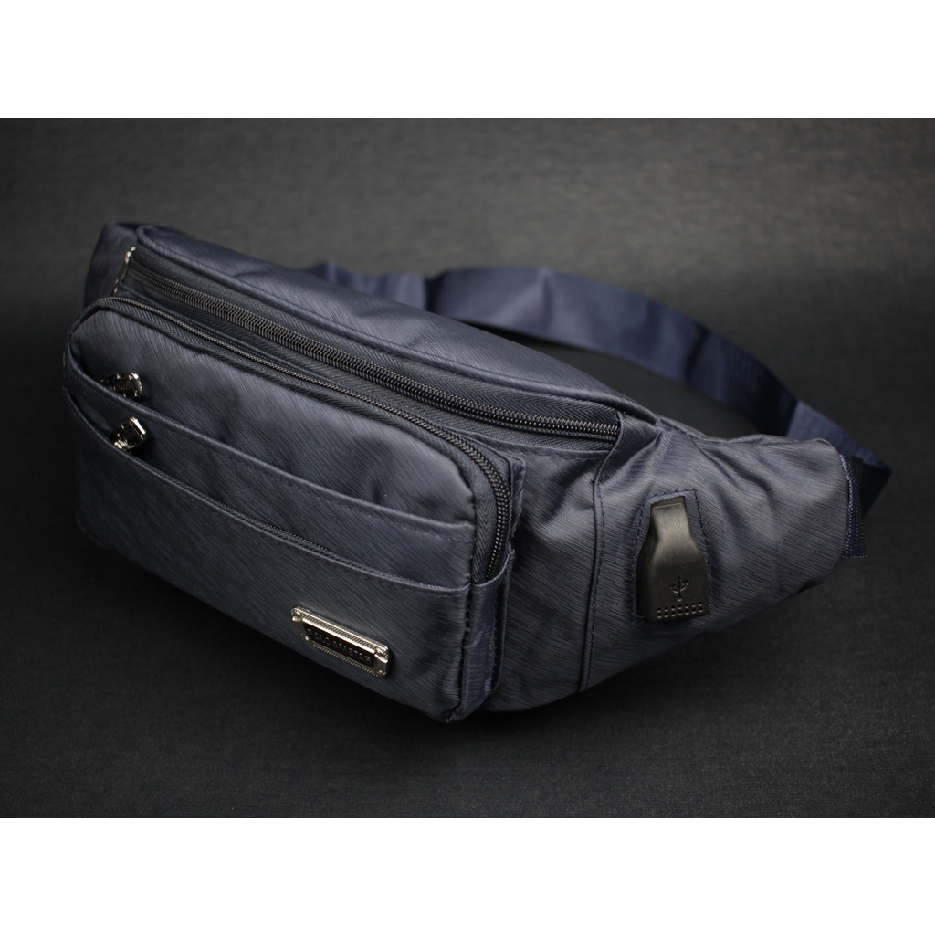 Tas Pinggang Waistbag Bisa Selempang Polo Amstar Bahan Nilon Poliester Waterproof Free USB Extension