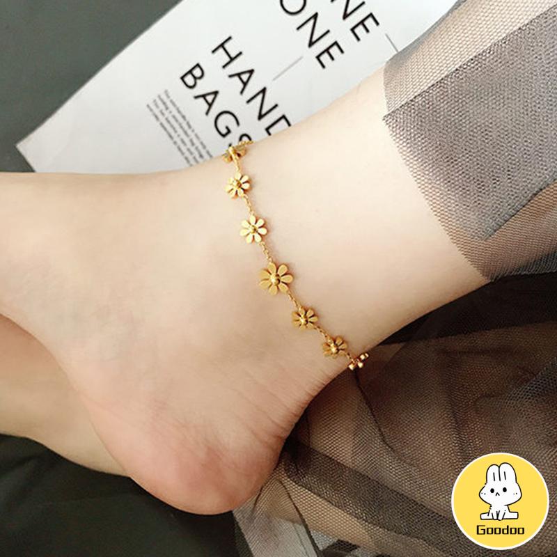 Gelang Kaki Titanium Anti Karat Daisy Bunga Kamelia Emas 18k Perhiasan Wanita Korea -Doo