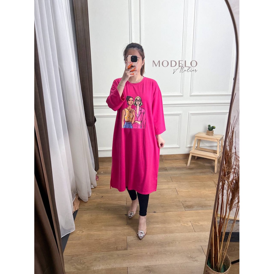 (CUCI GUDANG) Renata Long Tunik / Tunik Printing Viral / Tunik Midi Dress Murah / Midi Dress Printin