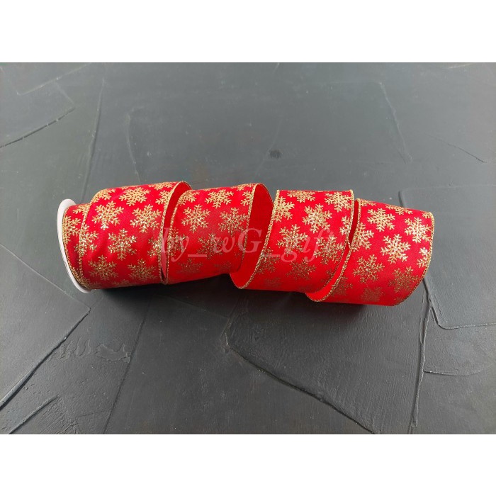 

[READY] Pita Natal Merah Motif Snowflakes; Lebar 6.3 cm; Panjang 10 Yard