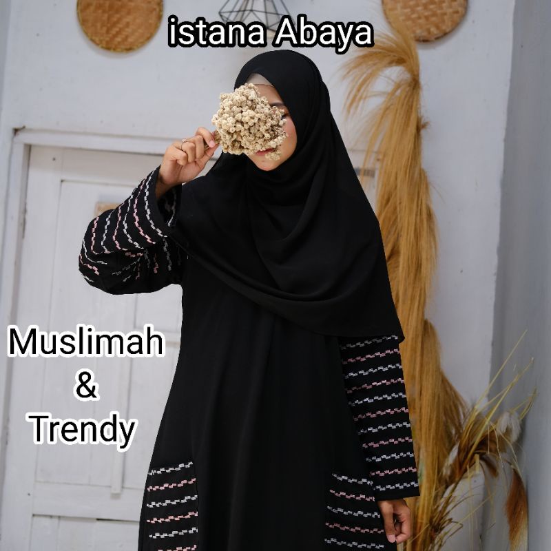 abaya saku Turki Full bordir tangan di padu kain hitam Jet black ditambah dobel kantong depan cantik