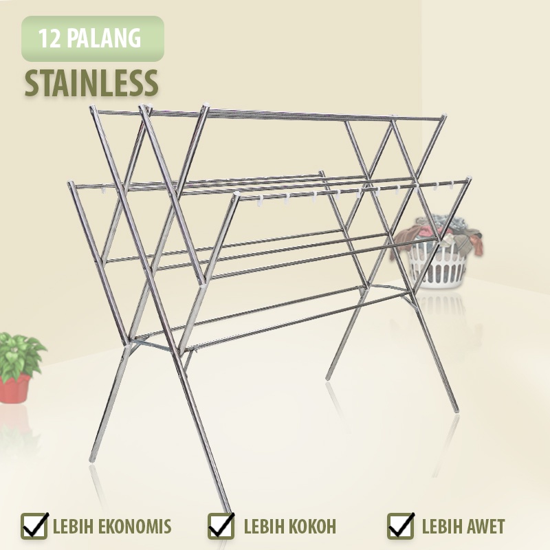 Jemuran Baju Handuk Stainless Besar 12 Palang+Gantungan Panjang :178cm x Tinggi :177cm