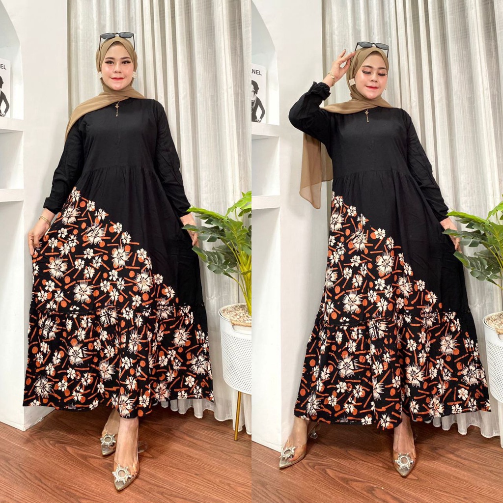 GAMIS RAYON MALAMAN MOTIF BLACK MAMBO RESLETING BUSUI BUMIL KEKINIAN DRESS WANITA SYARI VIRAL TERBARU