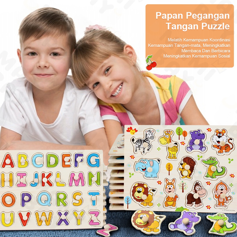 Mamibayi Mainan kayu edukasi anak/Puzzle Kayu Knob/123/ABC/Hewan